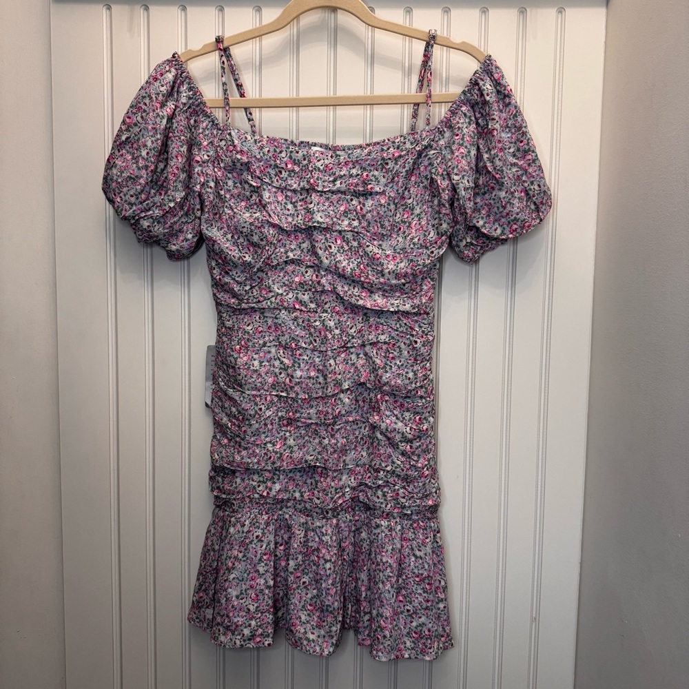 Astr The Label Pink Blue Ditzy Floral Off-Shoulder Garden Girl Weddng Min Dress - Picture 3 of 8